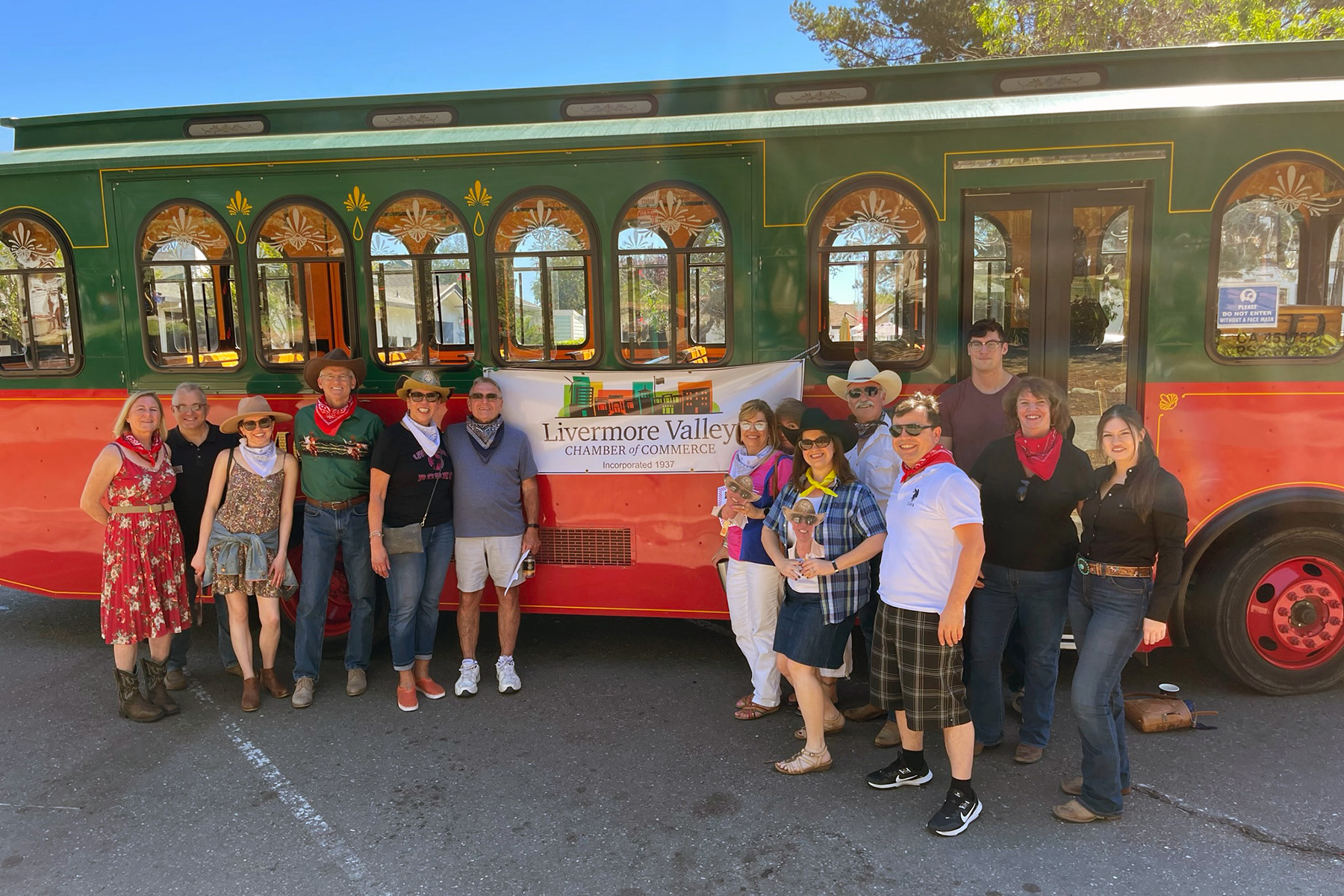 LVCC Board Members, Ambassadors and Staff Ride the Livermore Wine Trolley in the Livermore Rodeo Parade